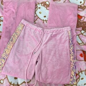 Low rise Pink Velour Pants with Sequin Detail